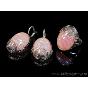 Кольцо и серьги с опалом искусственным, цвет розовый  (иск.)