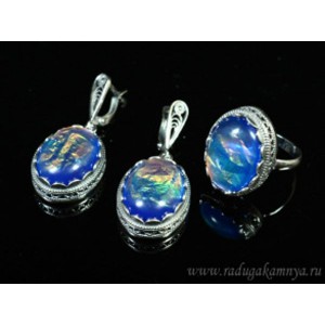 Кольцо и серьги с опалом искусственным, цвет синий   (иск.)