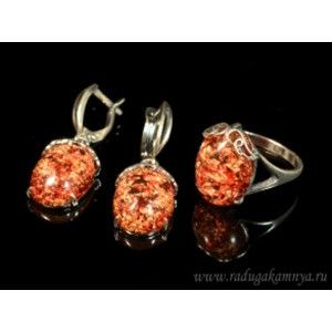 Кольцо и серьги с опалом искусственным, цвет красный  (иск.)