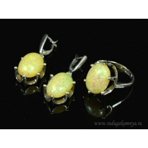 Кольцо и серьги с опалом искусственным, цвет лимонный  (иск.)