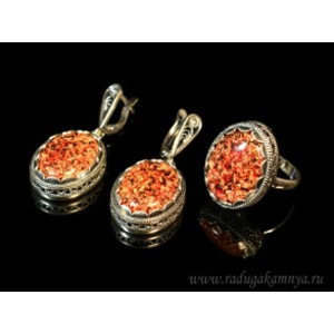 Кольцо и серьги с опалом искусственным, цвет красный   (иск.)