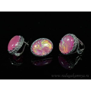 Кольцо и серьги с опалом искусственным, цвет розовый   (иск.)