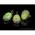 Кольцо и серьги с опалом искусственным, цвет салатовый  (иск.)