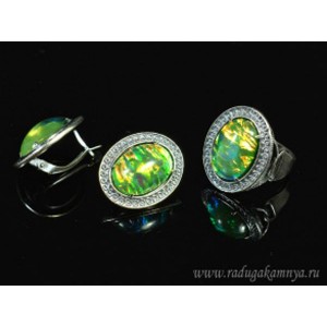 Кольцо и серьги с опалом искусственным, цвет зеленый   (иск.)