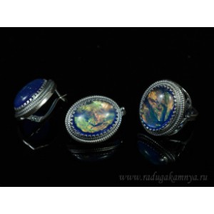 Кольцо и серьги с опалом искусственным, цвет синий   (иск.)