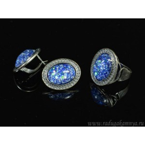 Кольцо и серьги с опалом искусственным, цвет синий   (иск.)