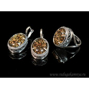Кольцо и серьги с опалом искусственным, цвет шоколад  (иск.)