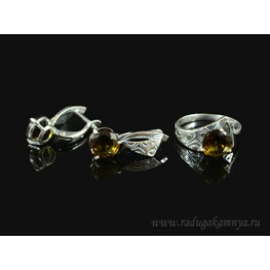 Кольцо и серьги с цирконом искусственным, цвет раухтопаз  (иск.)