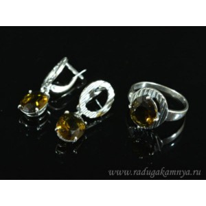 Кольцо и серьги с цирконом искусственным, цвет раухтопаз  (иск.)
