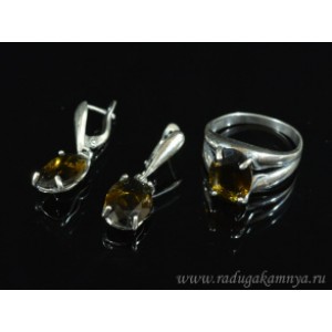 Кольцо и серьги с цирконом искусственным, цвет раухтопаз  (иск.)