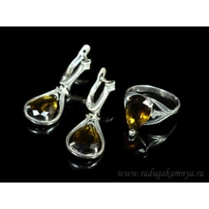 Кольцо и серьги с цирконом искусственным, цвет раухтопаз (иск.)