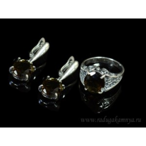 Кольцо и серьги с цирконом искусственным, цвет раухтопаз  (иск.)