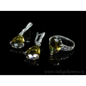 Кольцо и серьги с цирконом искусственным, цвет раухтопаз  (иск.)