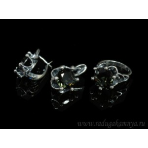 Кольцо и серьги с цирконом искусственным, цвет раухтопаз  (иск.)