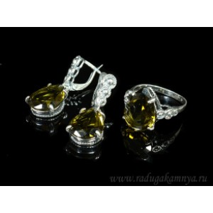 Кольцо и серьги с цирконом искусственным, цвет раухтопаз  (иск.)