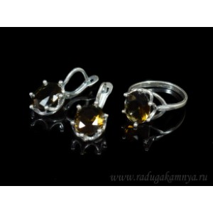 Кольцо и серьги с цирконом искусственным, цвет раухтопаз  (иск.)