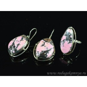 Кольцо и серьги из родонита грация