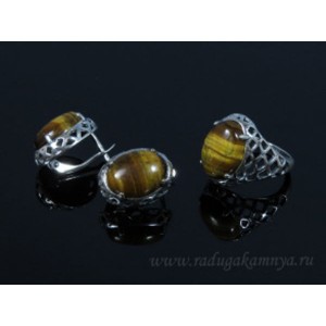 Кольцо и серьги из тигрового глаза, овал 18х13мм