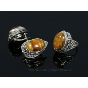 Кольцо и серьги из тигрового глаза, овал 18х13мм