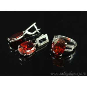 Кольцо и серьги с цирконом искусственным, цвет красный  (иск.)