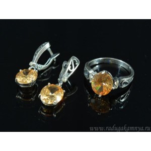 Кольцо и серьги с цирконом искусственным, цвет  шампань  (иск.)