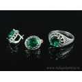 Кольцо и серьги с цирконом искусственным, цвет зеленый  (иск.)