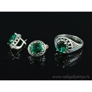 Кольцо и серьги с цирконом искусственным, цвет зеленый  (иск.)