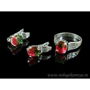 Кольцо и серьги с цирконом искусственным, цвет мистик  (иск.)