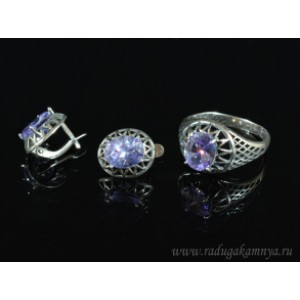 Кольцо и серьги с цирконом искусственным, цвет лаванда  (иск.)