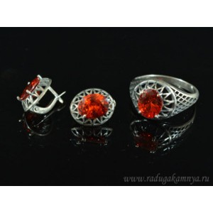 Кольцо и серьги с цирконом искусственным, цвет красный  (иск.)