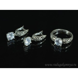 Кольцо и серьги с цирконом искусственным, цвет хрусталь  (иск.)