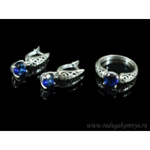 Кольцо и серьги с цирконом искусственным, цвет синий  (иск.)