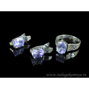 Кольцо и серьги с цирконом искусственным, цвет лаванда  (иск.)