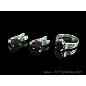 Кольцо и серьги с цирконом искусственным, цвет черный  (иск.)