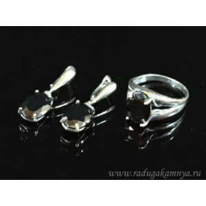 Кольцо и серьги с цирконом искусственным, цвет черный  (иск.)