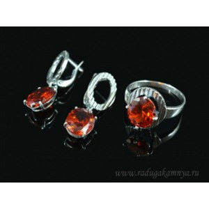 Кольцо и серьги с цирконом искусственным, цвет красный  (иск.)