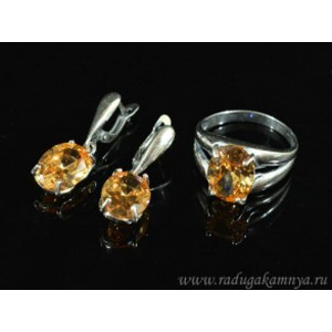 Кольцо и серьги с цирконом искусственным, цвет шампань  (иск.)