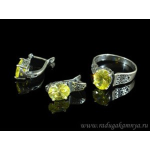 Кольцо и серьги с цирконом искусственным, цвет лимонный  (иск.)