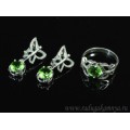 Кольцо и серьги с цирконом искусственным, цвет зеленый  (иск.)