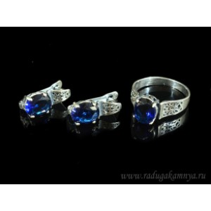 Кольцо и серьги с цирконом искусственным, цвет синий  (иск.)