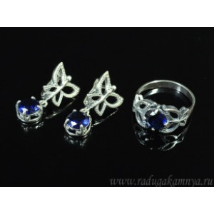 Кольцо и серьги с цирконом искусственным, цвет синий  (иск.)
