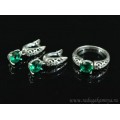 Кольцо и серьги с цирконом искусственным, цвет зеленый  (иск.)