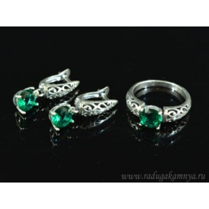 Кольцо и серьги с цирконом искусственным, цвет зеленый  (иск.)