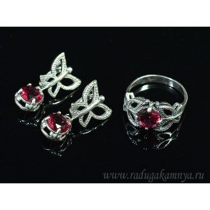 Кольцо и серьги с цирконом искусственным, цвет малиновый  (иск.)