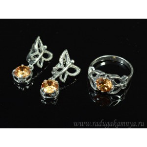 Кольцо и серьги с цирконом искусственным, цвет шампань  (иск.)