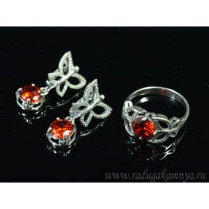 Кольцо и серьги с цирконом искусственным, цвет красный  (иск.)