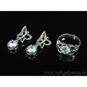 Кольцо и серьги с цирконом искусственным, цвет хрусталь  (иск.)