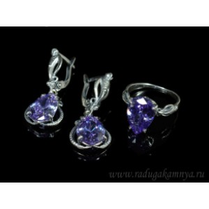 Кольцо и серьги с цирконом искусственным цвет лаванда  (иск.)