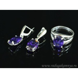 Кольцо и серьги с цирконом искусственным, цвет сиреневый  (иск.)