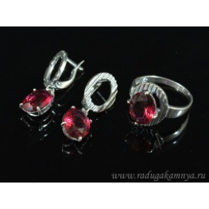 Кольцо и серьги с цирконом искусственным, цвет малиновый  (иск.)